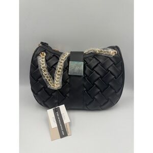 NWT MKF Collection Solari Braided Chain Shoulder Bag Women's Black Vegan Leather